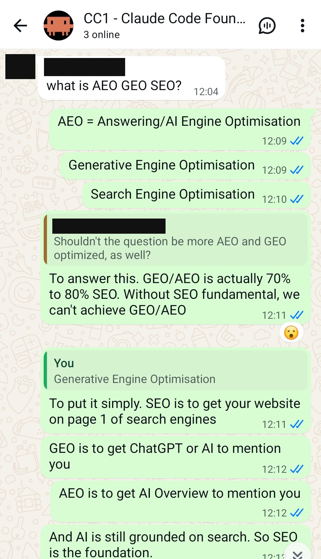 Screenshot of the alumni group chat: a member asks what AEO, GEO and SEO mean, answered in the thread. Names and photos redacted.