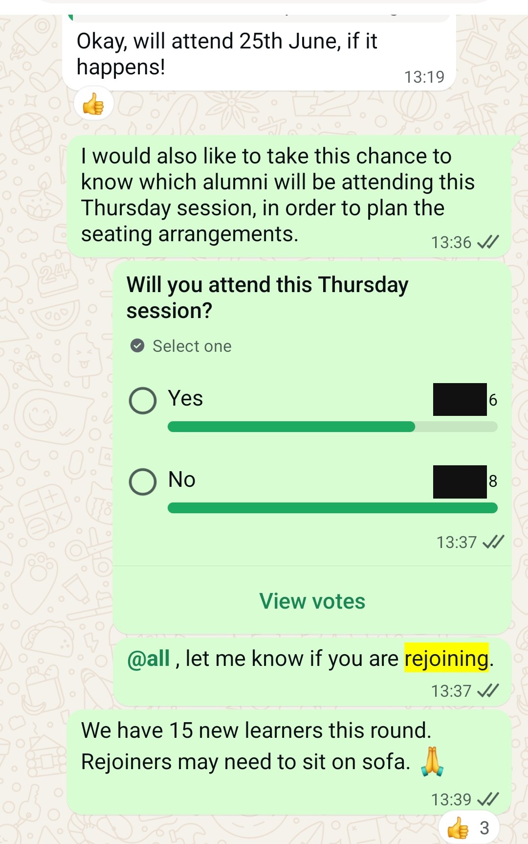 Screenshot of the alumni group chat: a poll asking which alumni are returning for the next session, and a note that rejoiners may need to sit on the sofa. Names and photos redacted.